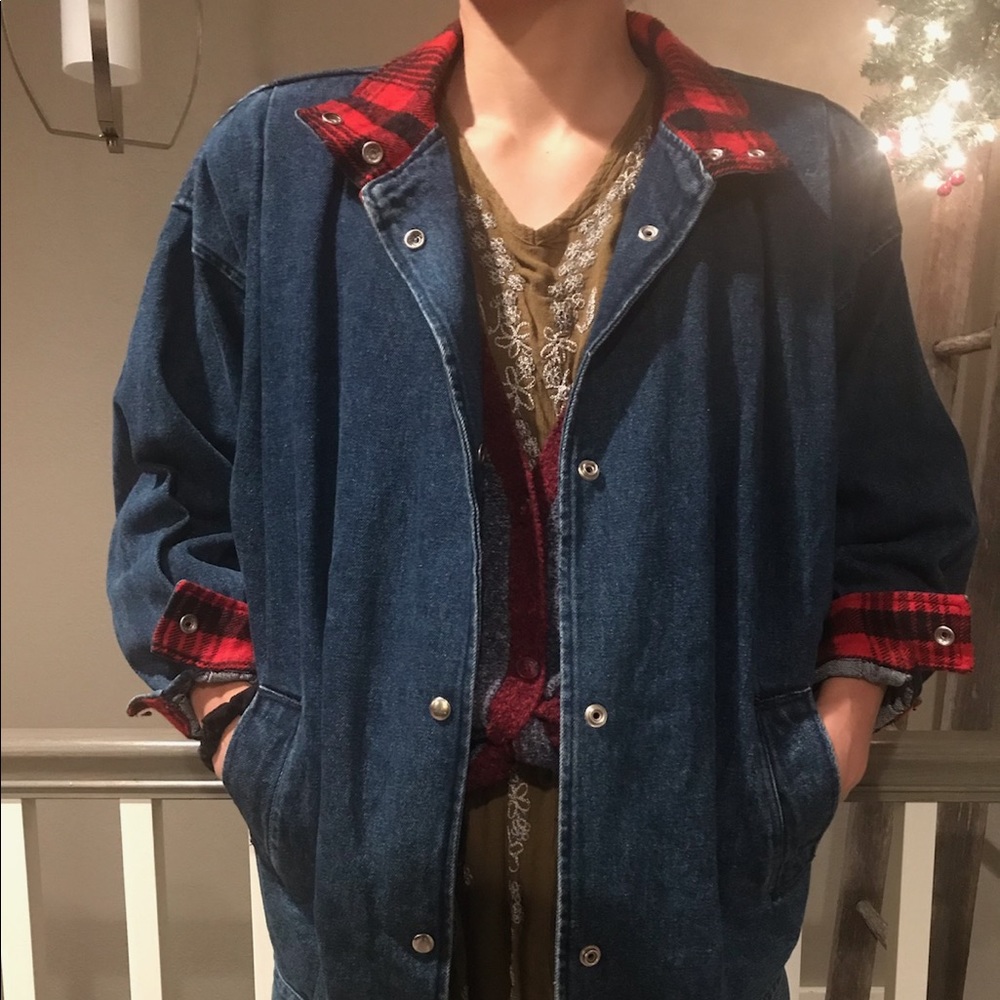 Vintage jean bomber jacket. Plaid, flannel lining